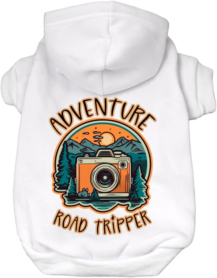 Adventure Road Tripper Dog Hoodie - Camera Dog Coat - Sunset Dog Clothing - White, S