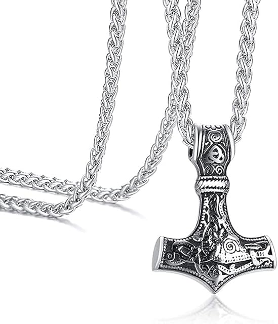 WEIWUXIAN Thor's Hammer Necklace, Men's Necklace, Stainless Steel Necklace, Viking Stainless Steel Necklace, Viking Necklace, for Men, Boy Viking Norse Pendant, Silver