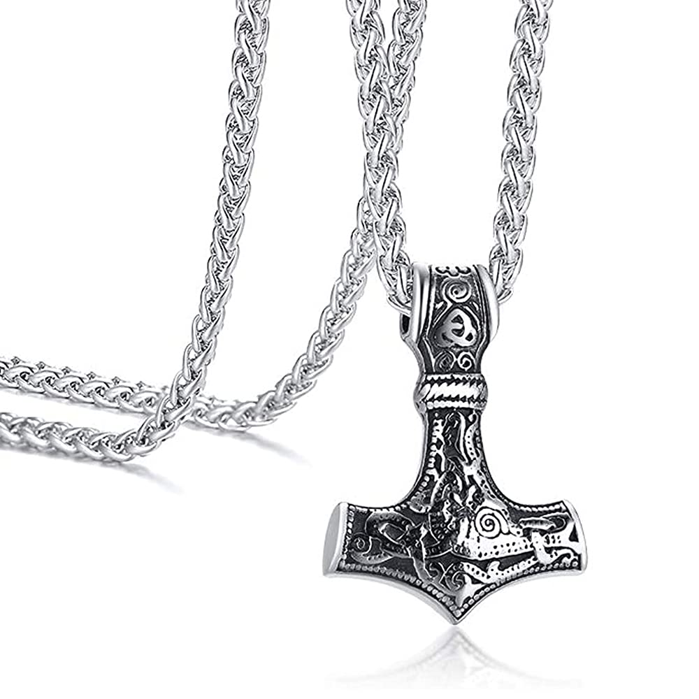 ERHUAN Collar Martillo Thor, Collar De Acero Inoxidable, Collar Vikingo Acero Inoxidable, Collar Hombre, Collar Vikingo, para Hombre, Colgante Nórdico Vikingo de Niño, Plata