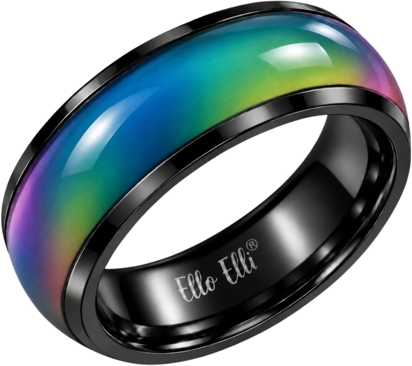 8mm Color Changing Mood Ring for Men & Women, Stainless Steel Comfort Fit Mood Ring, Silver & Black Band