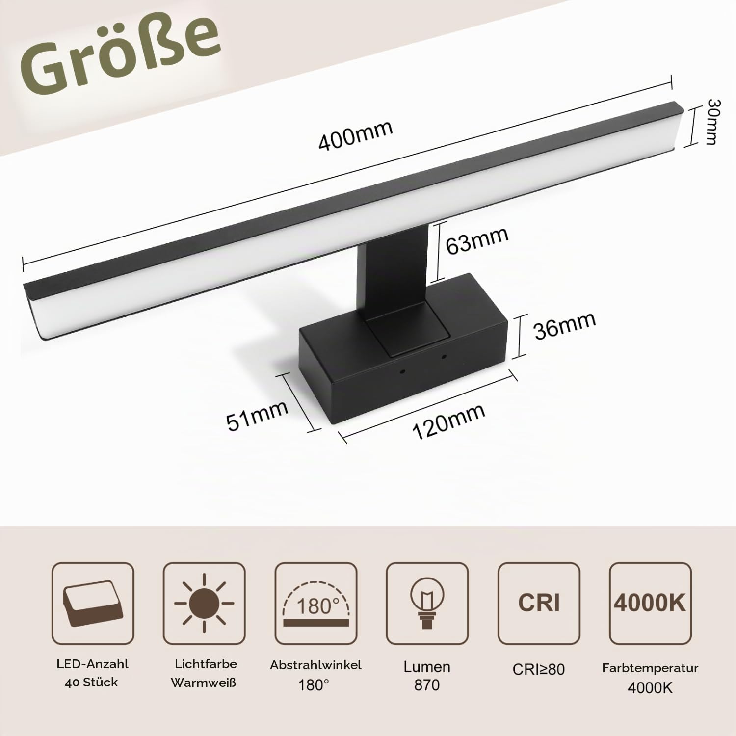 Aigostar LED Spiegelbeleuchtung 40cm – 8W 560LM Warmweiß 4000K， IP44 Badezimmer-Wandleuchte Schwarz， 230V (Licht für Spiegel/Make-up-Bereich)