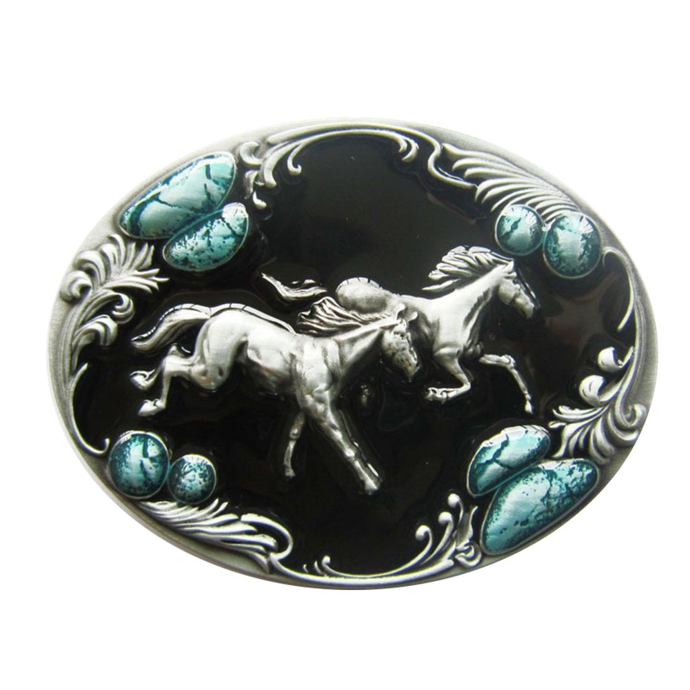 Antique Silver Enamel Western Double Running Horses Oval Belt Buckle also Stock in the US-image-48