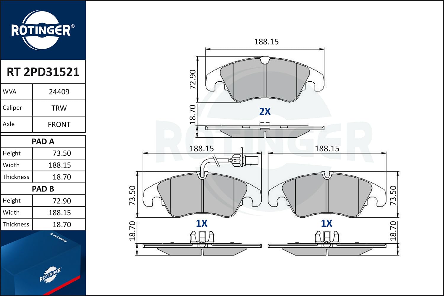 Klocki hamulcowe ROTINGER (Przód) RT 2PD31521, ECE R90, Komplet 4 sztuk