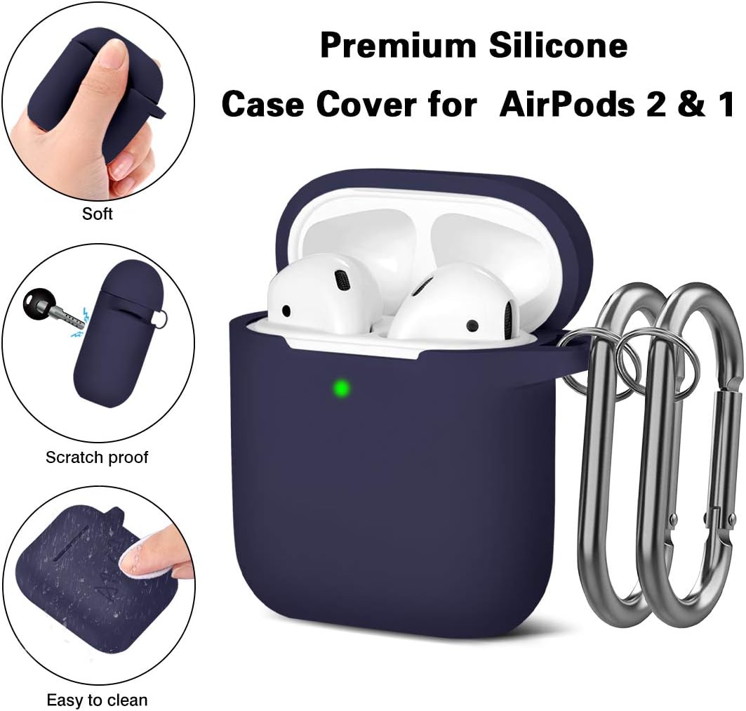 Mastten Cover Designed for AirPods Case Soft Silicone Protective Cases Cover [Front LED Visible] Compatible with Apple AirPods 2 & 1 Charging Case, with 2PCS Keychains, Women Men, Deep Blue