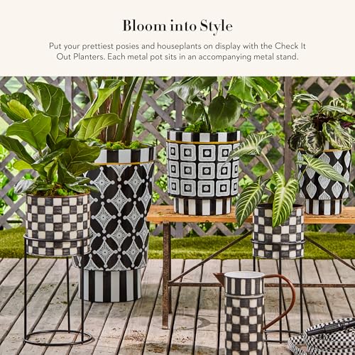 Image of MACKENZIE-CHILDS Set of 2 Check It Out Metal Planters, Black-and-White Garden Planter