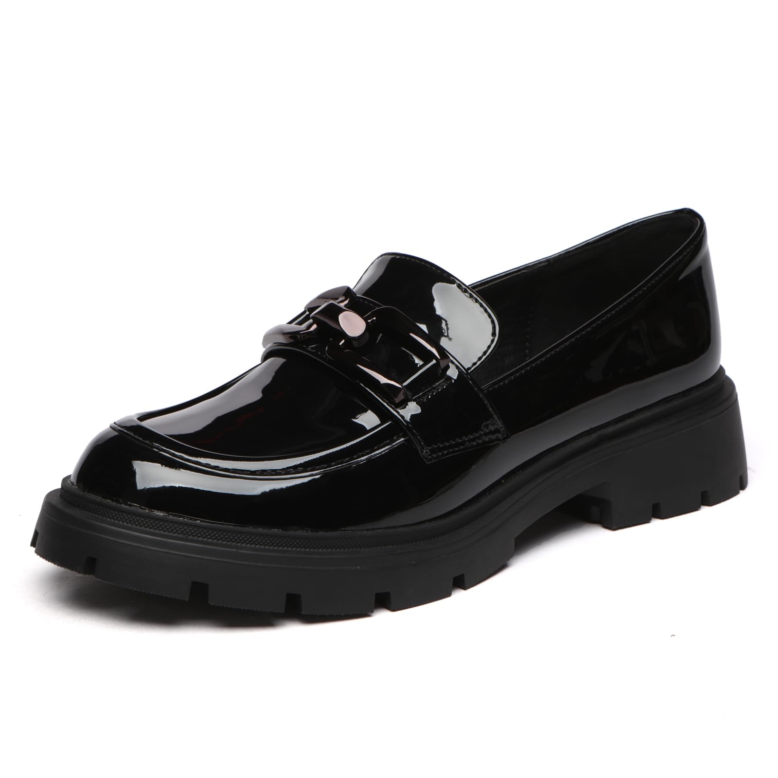 Vera Creation Women's Chunky Platform Loafers with Chain or Buckle Patent Leather Black Penny Loafers Fashion Office Shoes School Dress Shoes Comfort Slip-on