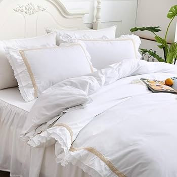 ホワイトフリル付きクイーンシーツセット Amazon｜Lucky&Beauty 綿100％寝具カバー 刺繍レースフリル