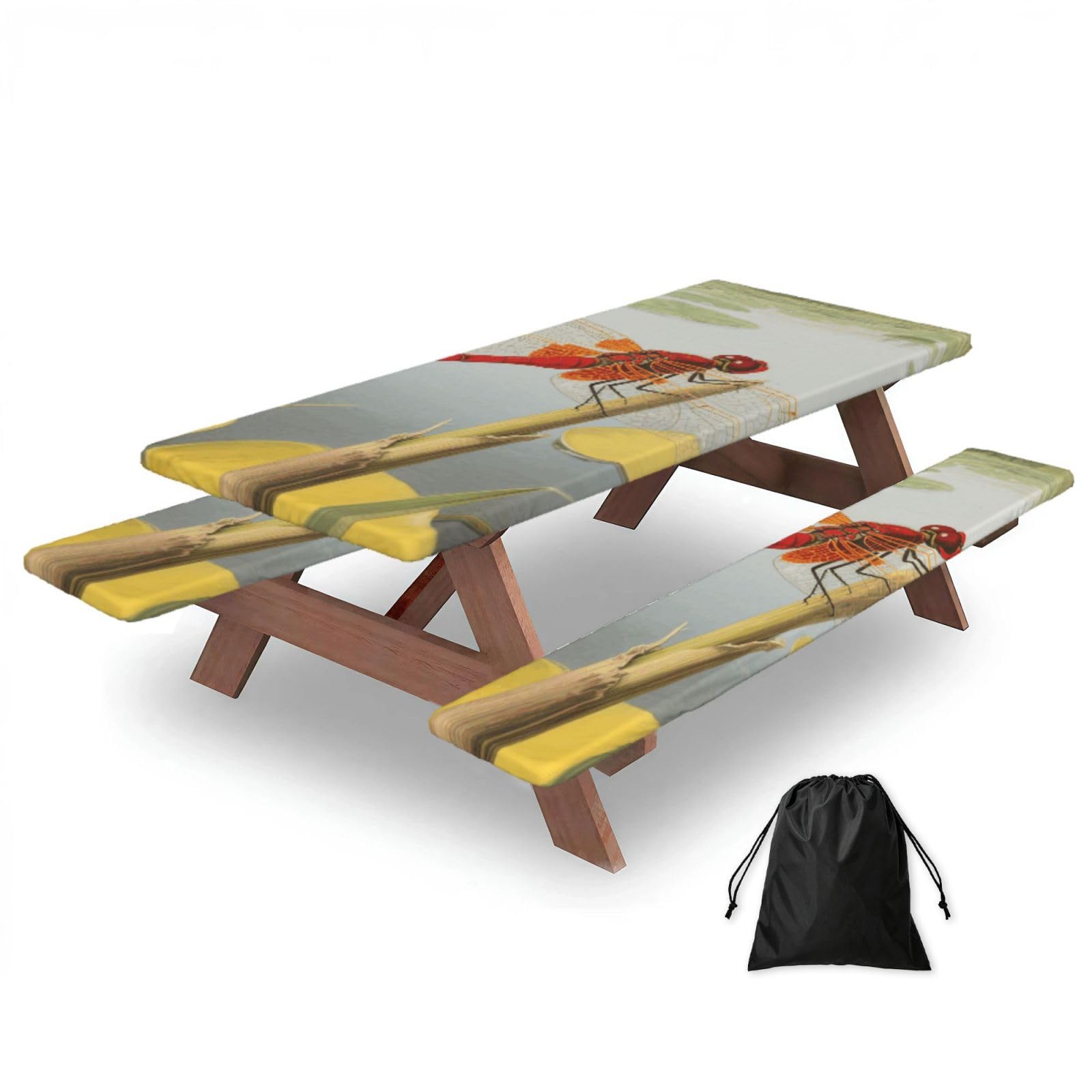 FekiLoot Dragonflies Picnic Table Cover with Bench Covers and Bag, Windproof Waterproof Rectangle Tablecloth with Elastic Edges Fitted Camping Table Covers for Picnic Party Travel