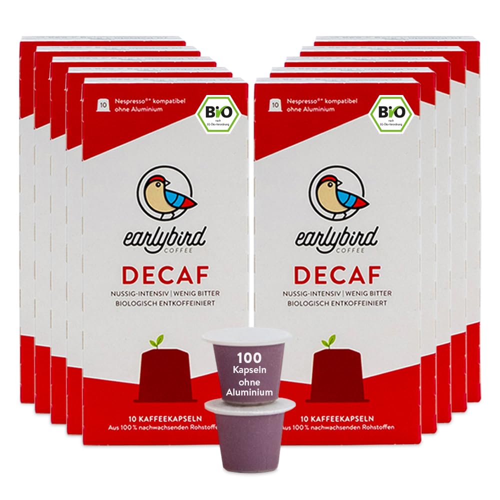 earlybird coffee – Bio Decaf Kaffeekapseln 100 Stück Vorratspack – kompatibel mit Nespresso, nussig-intensiv, heimkompostierbar – aluminiumfreie Bio Kapseln – schonend entkoffeiniert im H₂O-Verfahren