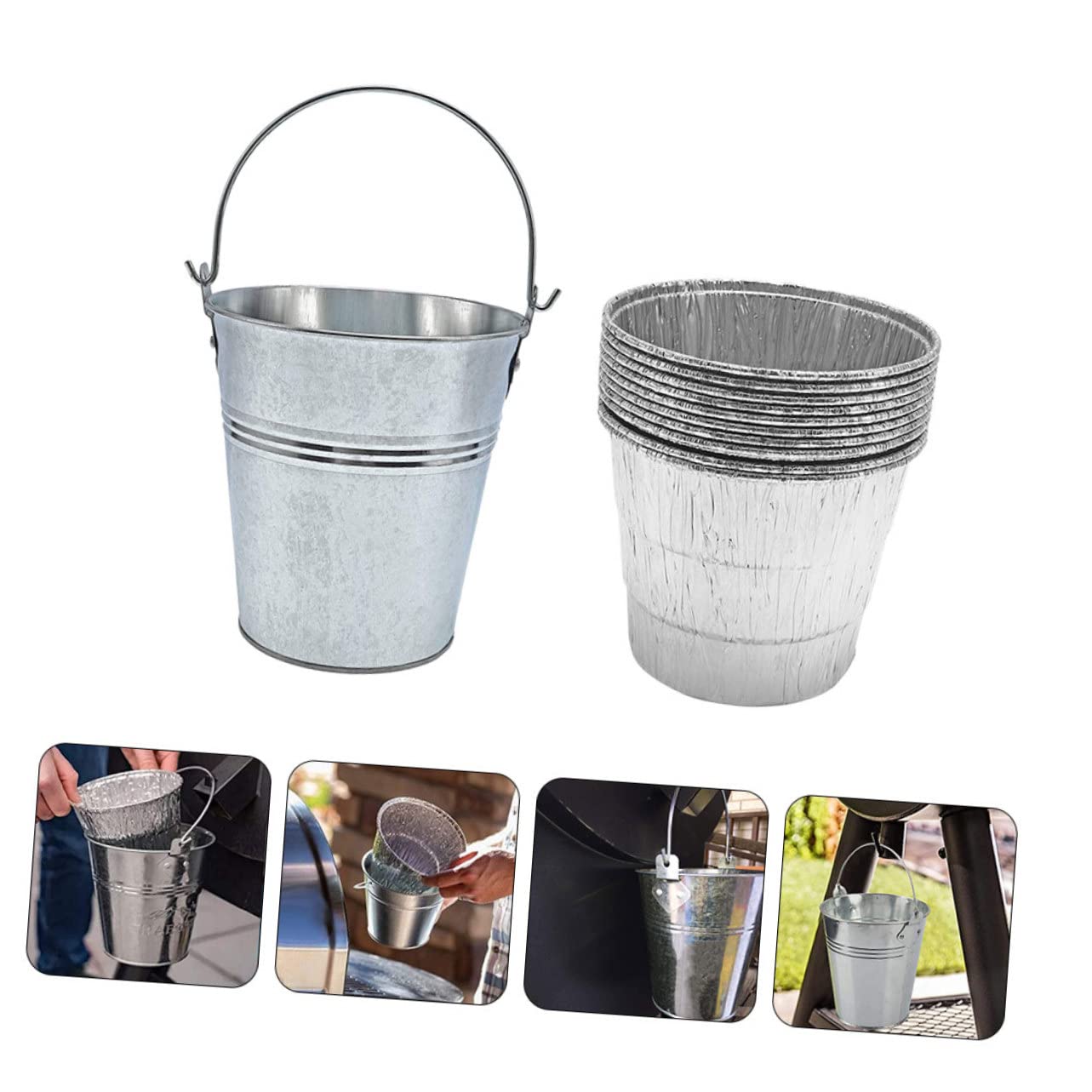 Barbecue Grease Bucket in Ferro Argento con 10 Pezzi