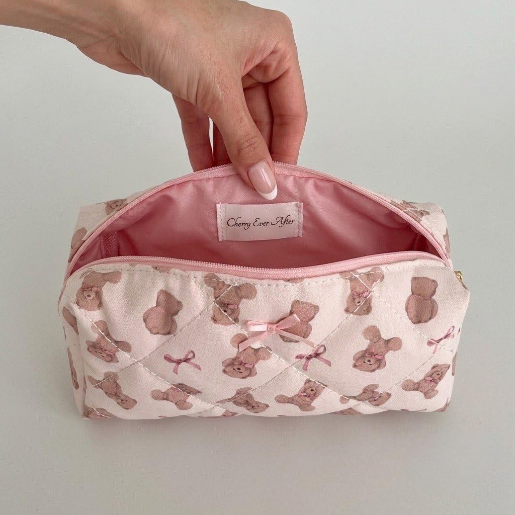 Bear Bow Quilted Makeup Bag with Pink Satin Bow, Small Cotton Cosmetic Pouch for Purse, Coquette Pencil Pouch, Makeup Brush Bag, Girly Travel Pouch, Toiletry Bag, Aesthetic Gift for Women Teen Girls image 3