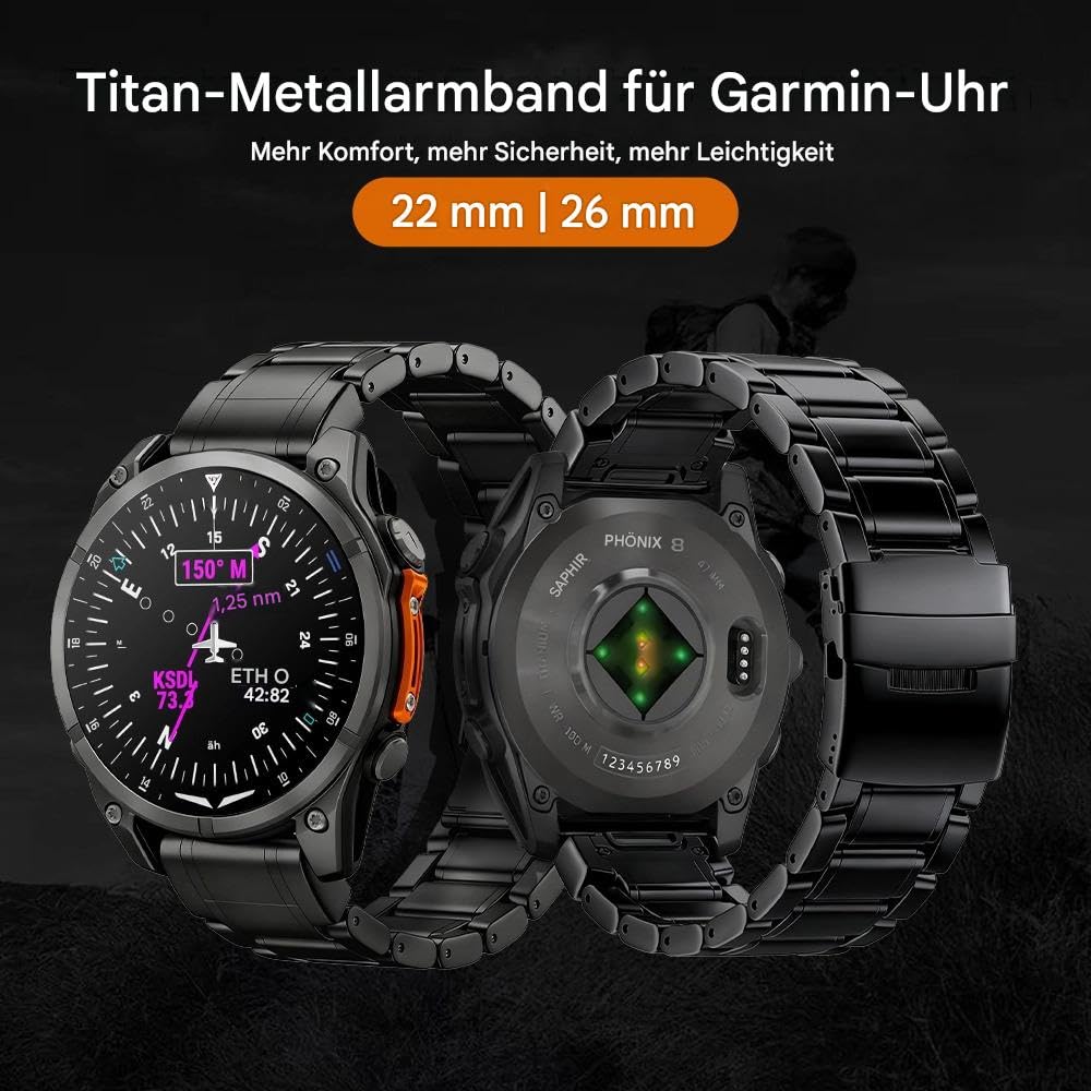 26mm Breites Titan-Schnellverschluss-Armband Kompatibel mit Instinct 3 (50 mm), Fenix 8 51mm, Fenix 6X Pro/7X Pro Plus,22mm Armband ohne Lücke für Garmin Fenix 8 47mm/E 47mm, Fenix 6 Pro/7