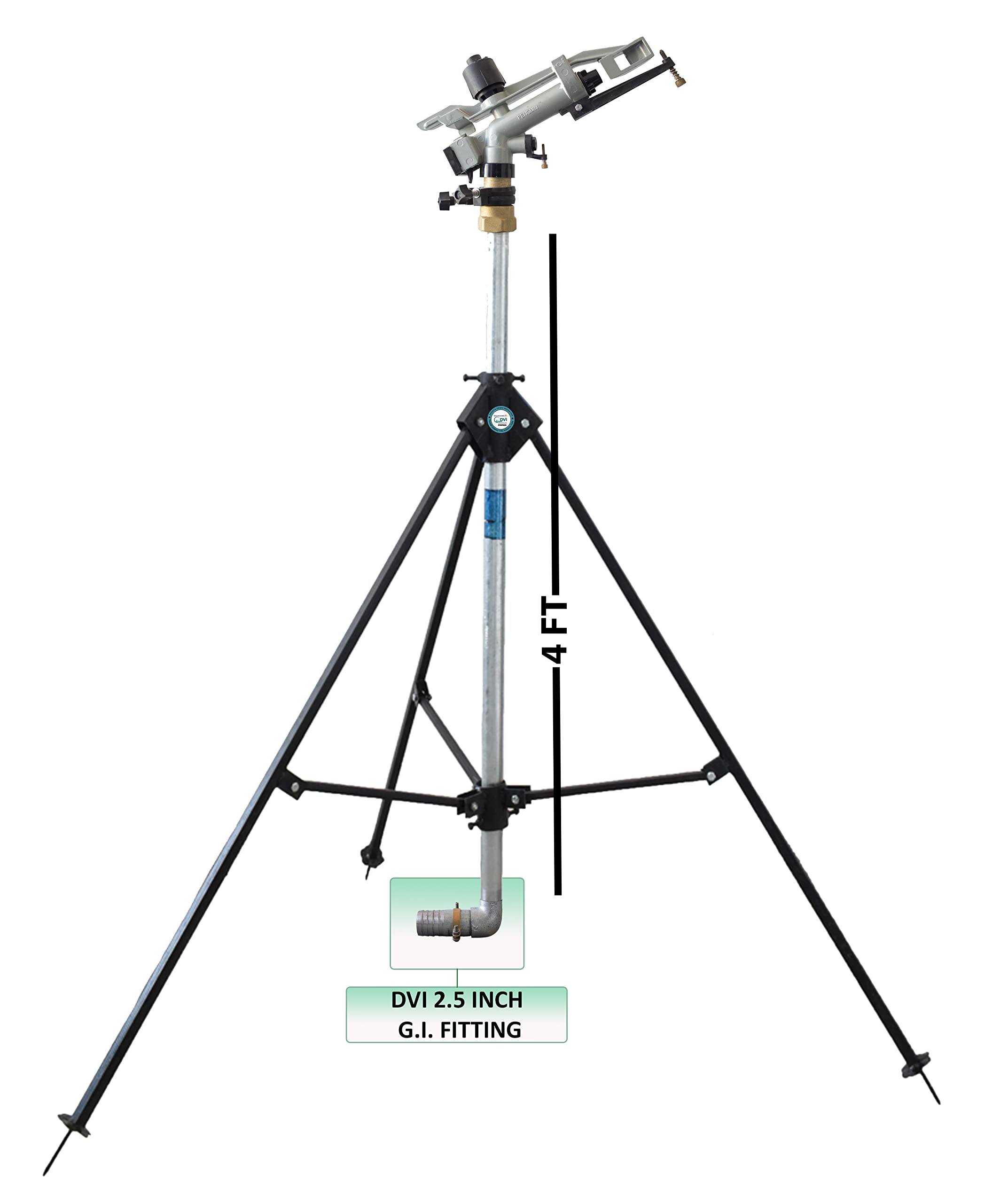 dvi automat 1.25"inch raingun complete set with ht40g isi penguin rain gun | pipe connector, 4ft isi gi riser pipe, 3 leg height adjustable stand | (gi type connector, 2.50"inch gi nipple)