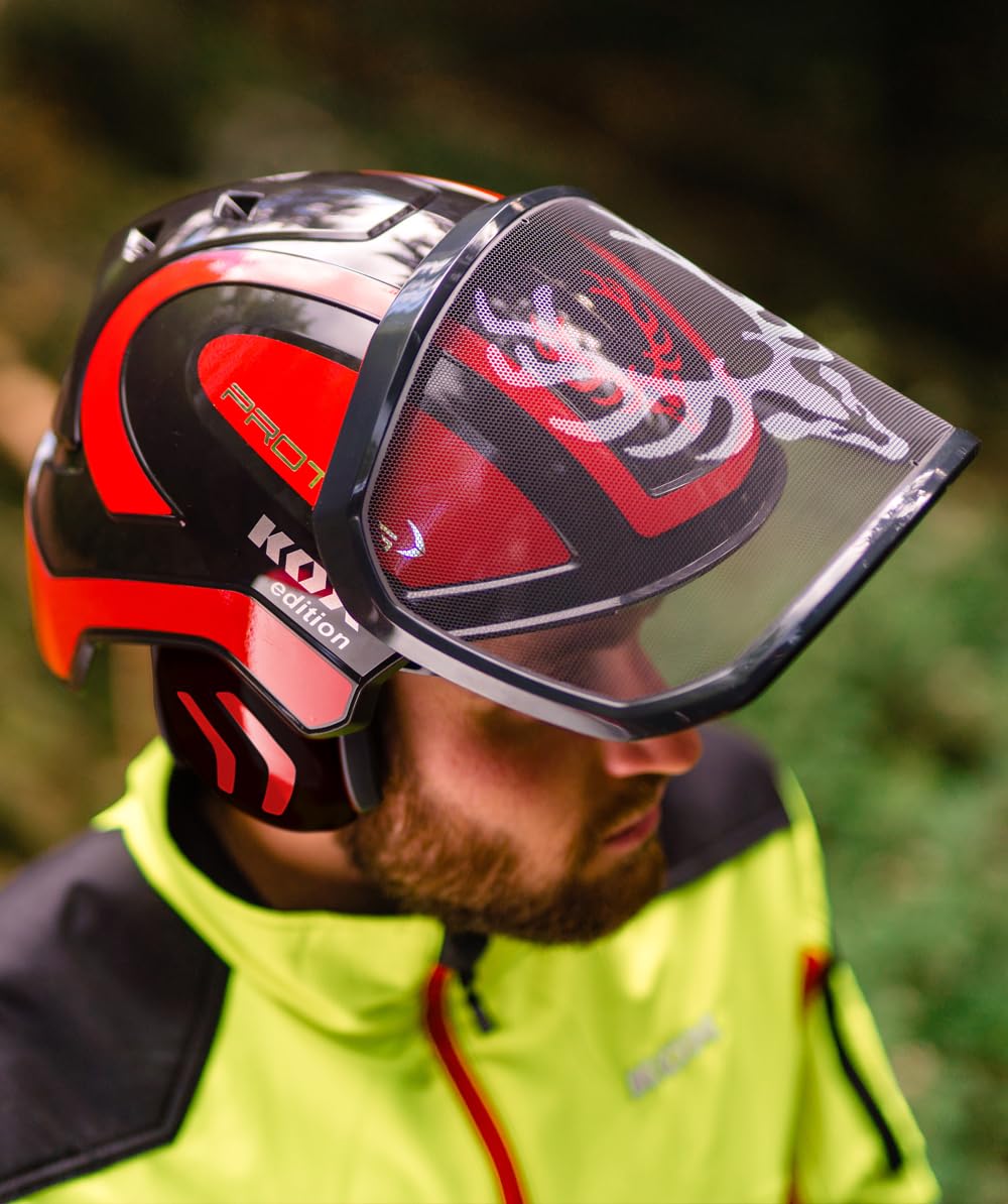Protos Forsthelm/Schutzhelm KOX Edition mit Gehörschutz und Visier Integral Forest Schwarz/Rot KOX Edition Schwarz/Rot mit Ätzmetallvisier F39