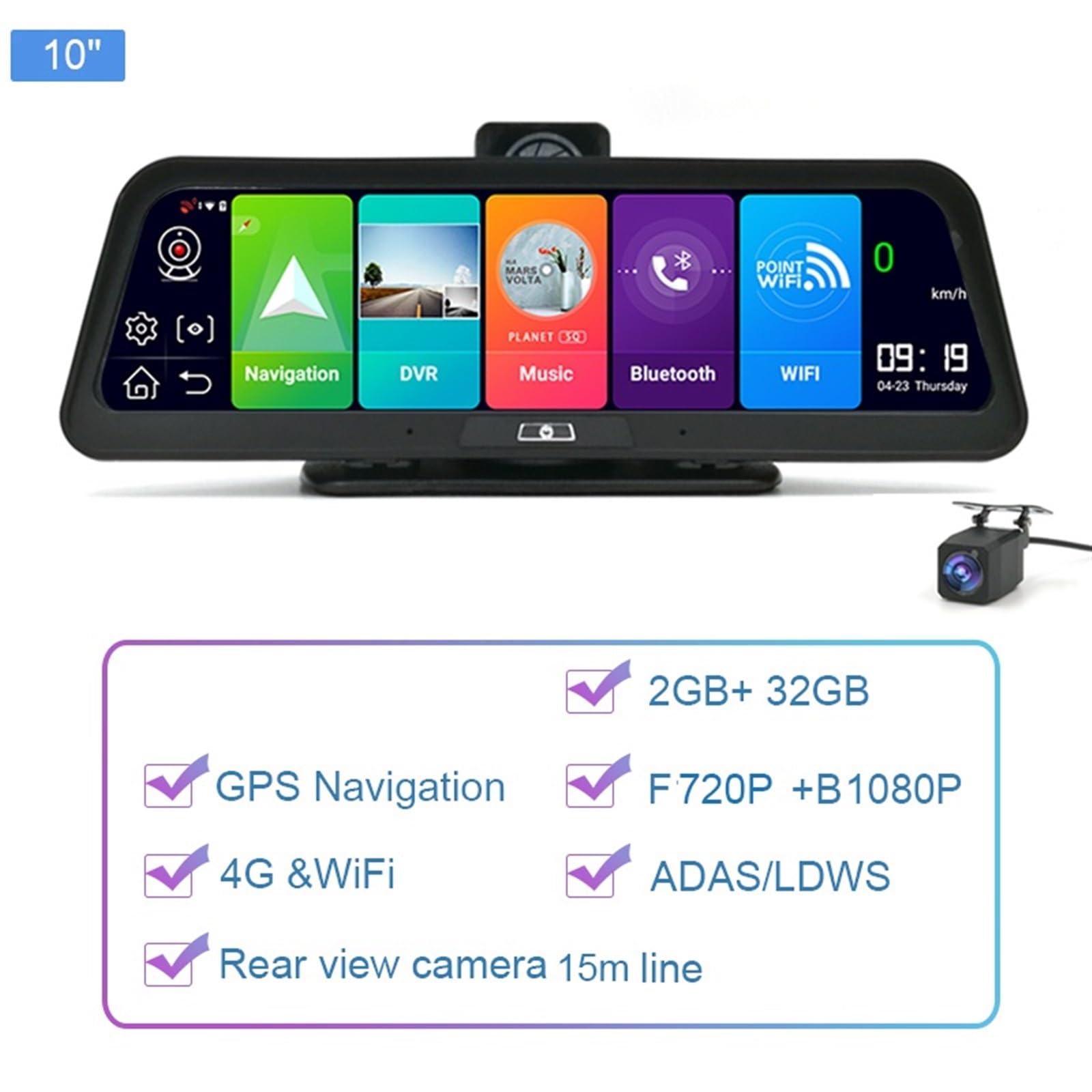 Navigatore Satellitare Car Dashcam WiFi Camera GPS Navigatore Monitor di parcheggio(4G 15m Back Camera,ADD 32GB)
