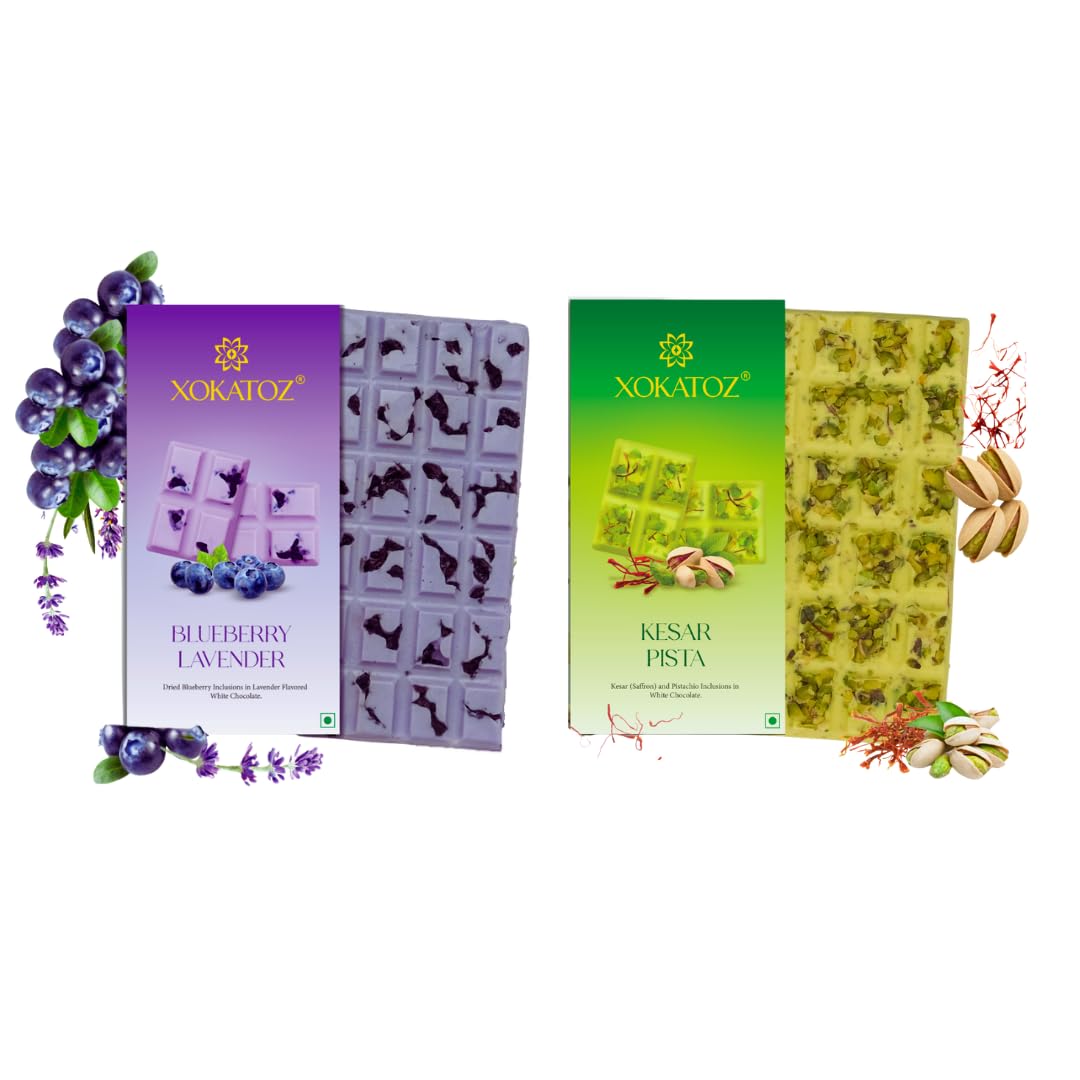 Exotic Premium Chocolate - 1 Blueberry Lavender and 1 Kesar Pista Flavours - Flavoured White Chocolate Bars - Gift Set - Pack of 2, 150g (75g x 2)