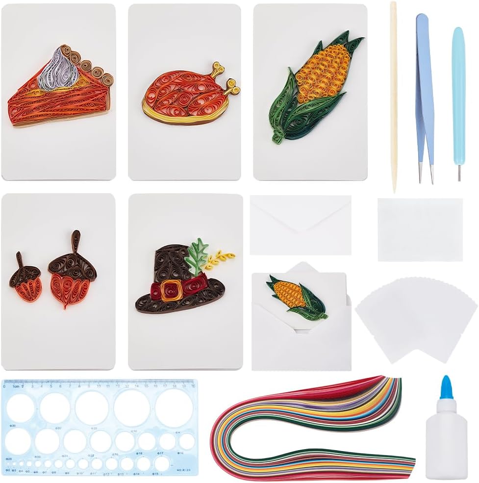 WEBEEDY 20 Sets DIY Quilled Thanksgiving Greeting Card Kit 5 Styles Food Thanksgiving Greeting Card with Paper Quilling Strips Tools DIY Thanksgiving Paper Quilling Kit for Friends Families Colleagues