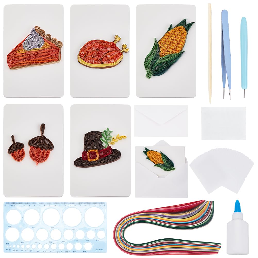 WEBEEDY 20 Sets DIY Quilled Thanksgiving Greeting Card Kit 5 Styles Food Thanksgiving Greeting Card with Paper Quilling Strips Tools DIY Thanksgiving Paper Quilling Kit for Friends Families Colleagues