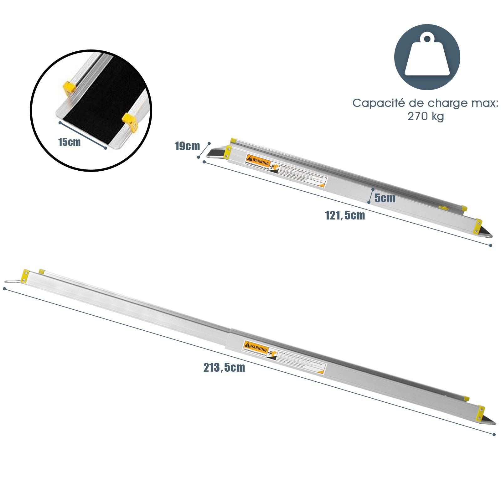 GOPLUS 2 Rampes de Chargement de Voiture Non-glissantes en Aluminium, Rampes de Fauteuil Roulant Portatives Téléscopiques Antidérapante, Longueur Ajustable à 3 Niveaux, Charge 270KG (121,5-213,5x19cm)