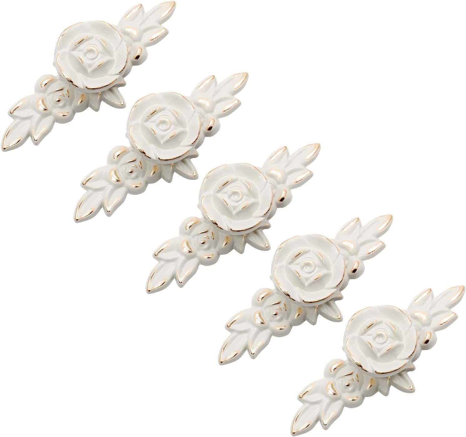 Uenhoy 5 Pcs Rose Cabinet Knobs with Backplate, Vintage Floral Drawer Knob Pulls, Zinc Alloy Rose Flower Drawer Pull Handles for Cabinets and Dresser - 4 Inch, Ivory White with Golden Trim