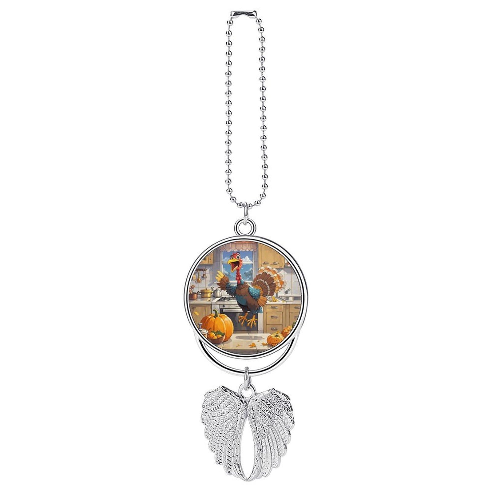 Pumpkin and Turkey Car Pendant Car Rearview Mirror Pendant Custom Photo Car Hanging Ornament Car Rear View Mirror Hanging Accessories Angel Wing Car Charm Gift for Men Women
