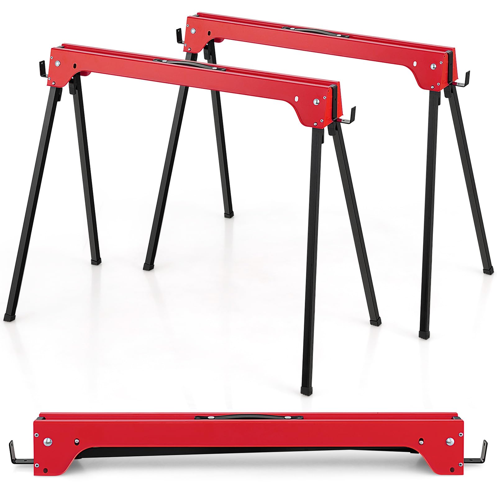 COSTWAY Folding Saw Horse Twin Pack, Heavy Duty Work Bench with 2 x 4 Support Arms & Carry Handle, Fully Assembled Trestle Stands Sawhorse, Max Load 454kg/1000kg (454kg, Red, Metal, 92x48x74cm)