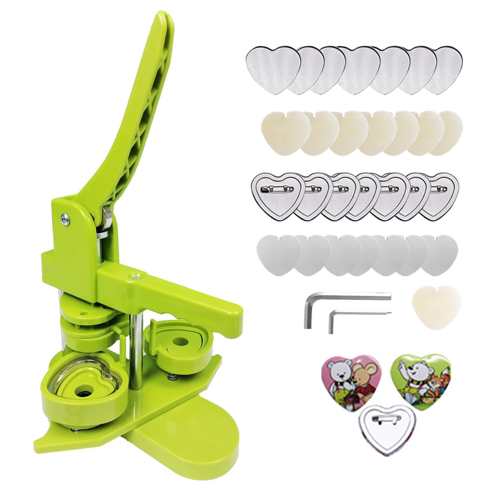 Machine à boutons en forme de cœur pour la fabrication d'insignes en forme de cœur avec 100 pièces de boutons, 1 pochoir et 2 outils de tournevis pour le dessin artistique à la main (vert)