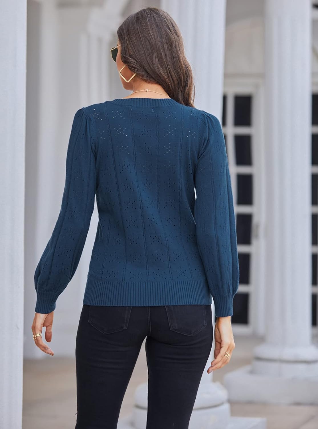 GRACE KARIN Women's Long Lantern Sleeve Crew Neck Crochet Top Hollow Out Fall Pullover Sweater - Image 6