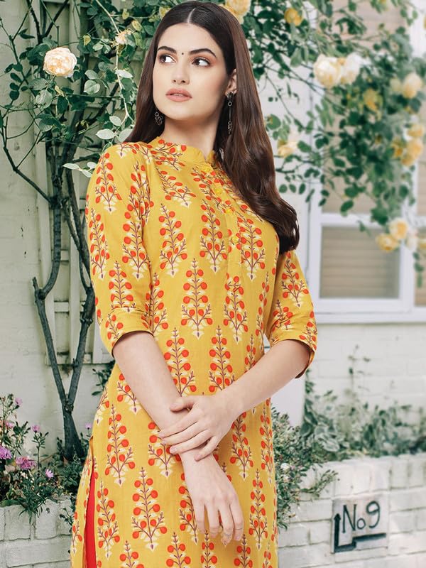 Image of Pinkmint Women Cotton Kurti ll Stright Printed Collared V Neck Kurta ll Stylish Regular Fit Kurti's (Pack of 01)