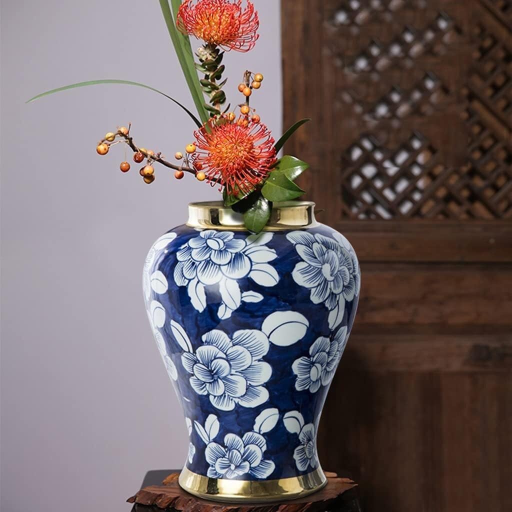 Tarro decorativo grande de porcelana con tapa, jarrón con estampado floral azul y blanco, borde dorado, tarro de jengibre para decoración del hogar, estilo templo, 9 x 17.5 pulgadas