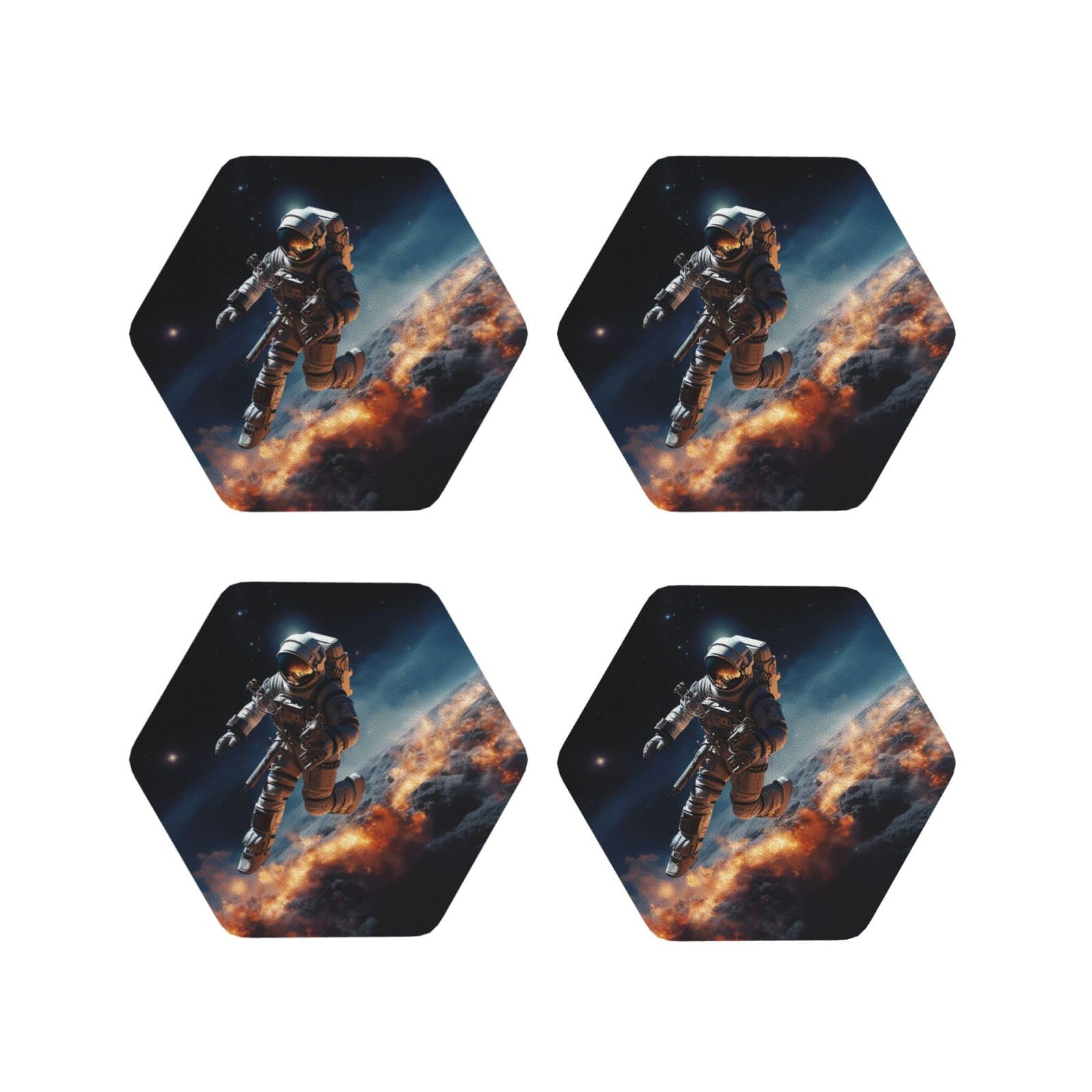 4pcs Drink Coasters for Tabletop Protection, 4" Leather Coasters for Drinks, Astronaut Flying in Space Cup Coasters for Coffee Table Decor, Non-Slip Drinking Cup Mat for Hot Or Cold Drink