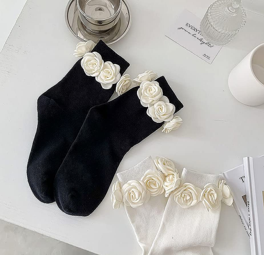 Women’s Delicate Floral Embroidery Cotton Mid-Calf Socks with 3D Flower at Ankle, two pairs2