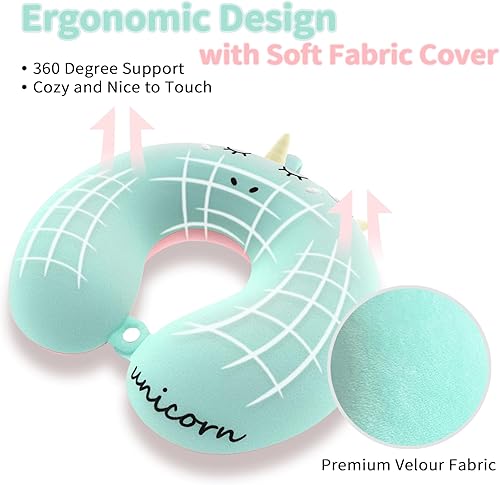 Miniatura 4 de Almohada de viaje para el cuello para niños, almohada de espuma viscoelástica de avión de unicornio con bonita máscara de sueño y tapones para los