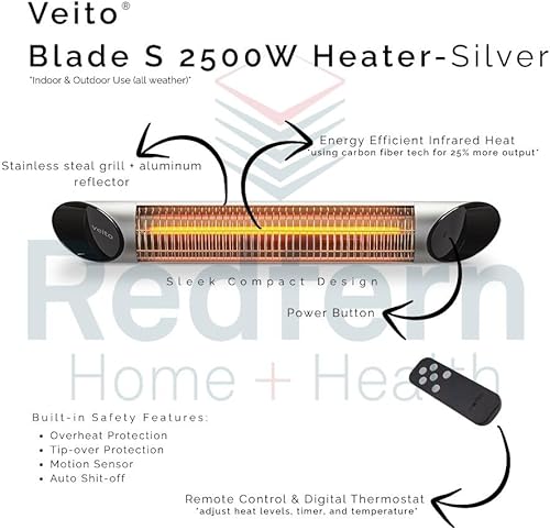 Miniatura 3 de Calentador infrarrojo para exteriores - Calentador eléctrico de cubierta para patio - Calentador de techo veito de 2500 W (plateado)
