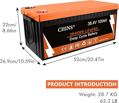 Miniatura 2 de CHINS Batería de litio Bluetooth LiFePO4 de 36V 100AH, batería de litio para carrito de golf de 36V, corriente máxima integrada de 200A BMS 500A