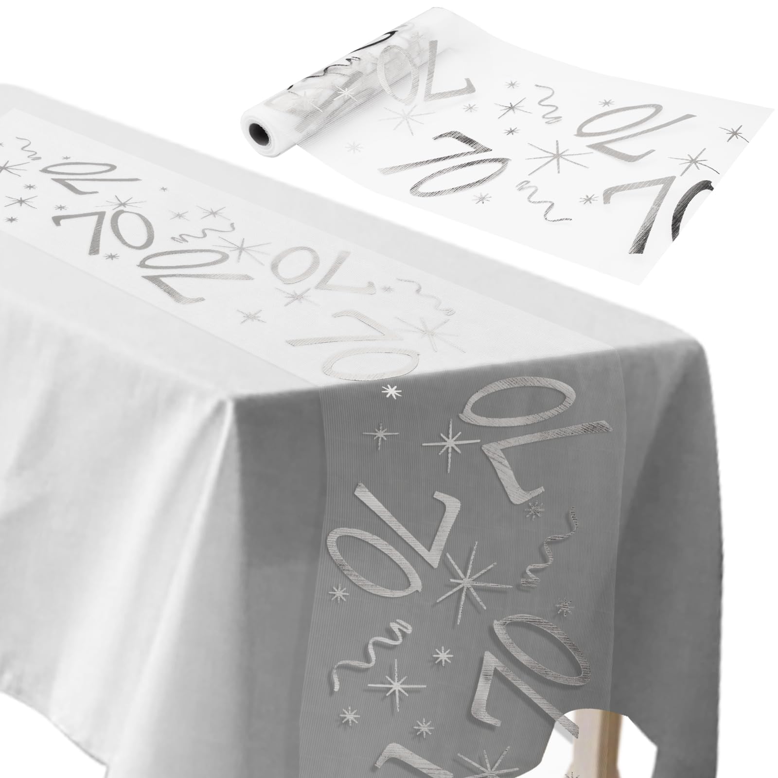 ddckj Addobbi 70 Anni Compleanno 28 cm x 10 m Runner Argento Decorazioni Tavolo Compleanno Tavolo Ritagliabile Tovaglia per Compleanno Adatto per Feste di Uomo e Donna