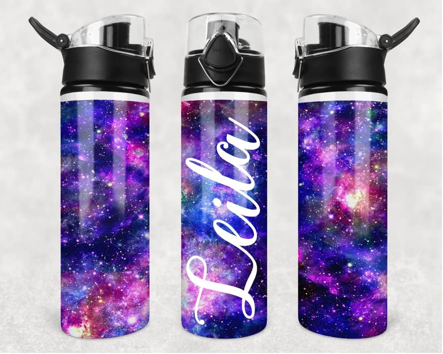Botella de agua personalizada con tapa abatible de 25 onzas, botella de agua para gimnasio, taza de viaje, 25.4 fl oz, galaxia rosa y azul con nombre