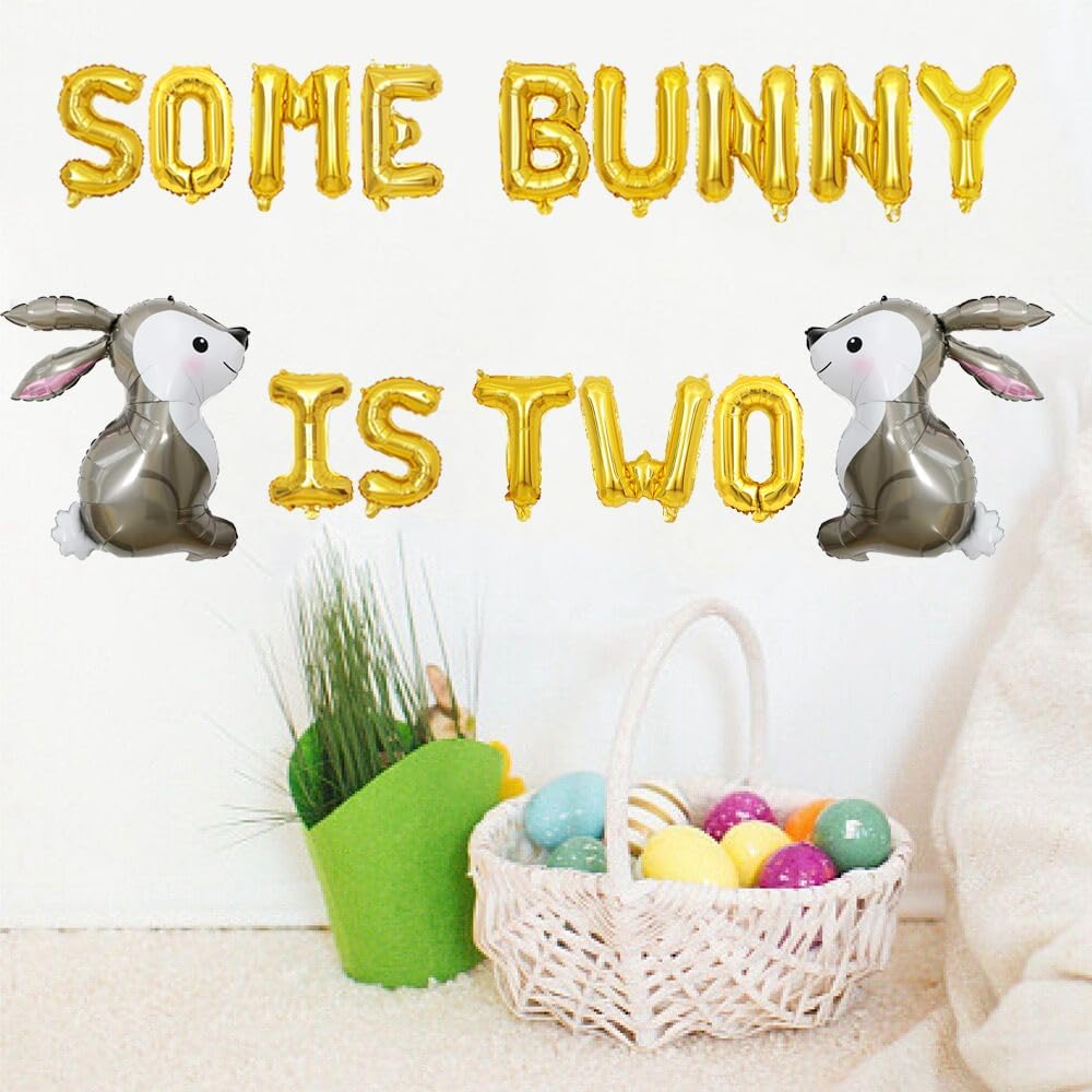 KUNGOON Some Bunny Is Two Letter Balloons, Funny Bunny 2nd Birthday/Easter Party Decoration, Rabbit 2 Count, Gold, White, Balloons, Children, Unisex-Kids