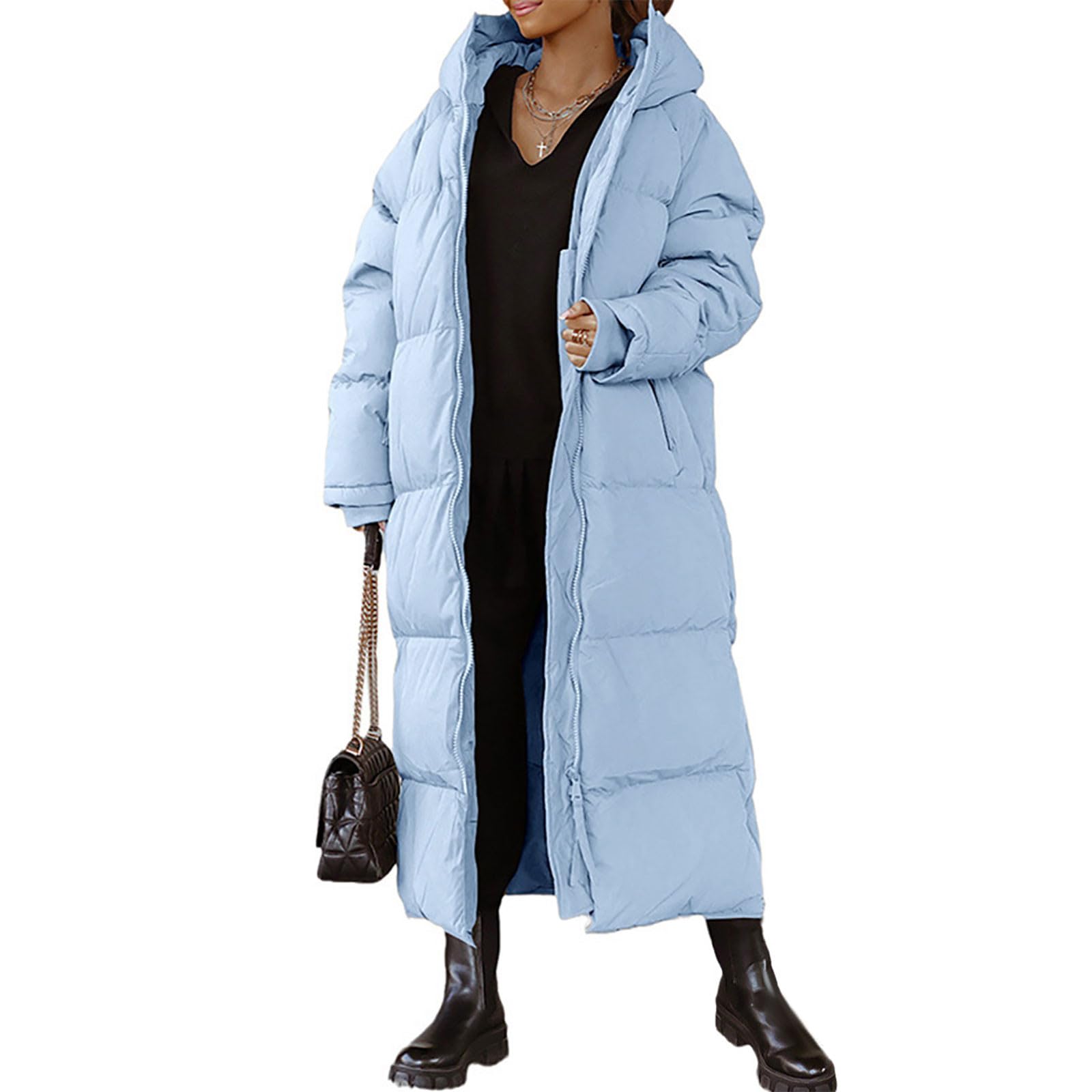 FUPODD Wintermantel Damen Lang Mit Kapuze Daunenmantel Damen Dicke Winterjacke Damen Warm Gefüttert Daunenjacke Frauen Winter Steppmantel Damen Lang Reissverschluss Daunenjacken Winddicht Wanderjacke