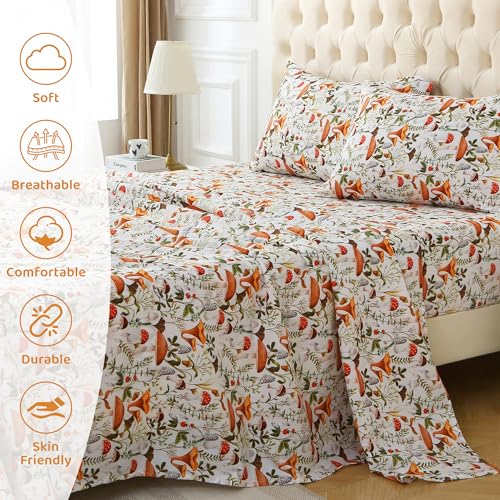 Image of Mooreeke Cozy Vintage Microfiber Printed Full Sheet Set - Soft & Breathable Percale Mushroom Forest Bed Sheets with Extra Deep Pocket - Non-Slip Fitted Design - Jungle Mushroom Leaves Pattern - Full