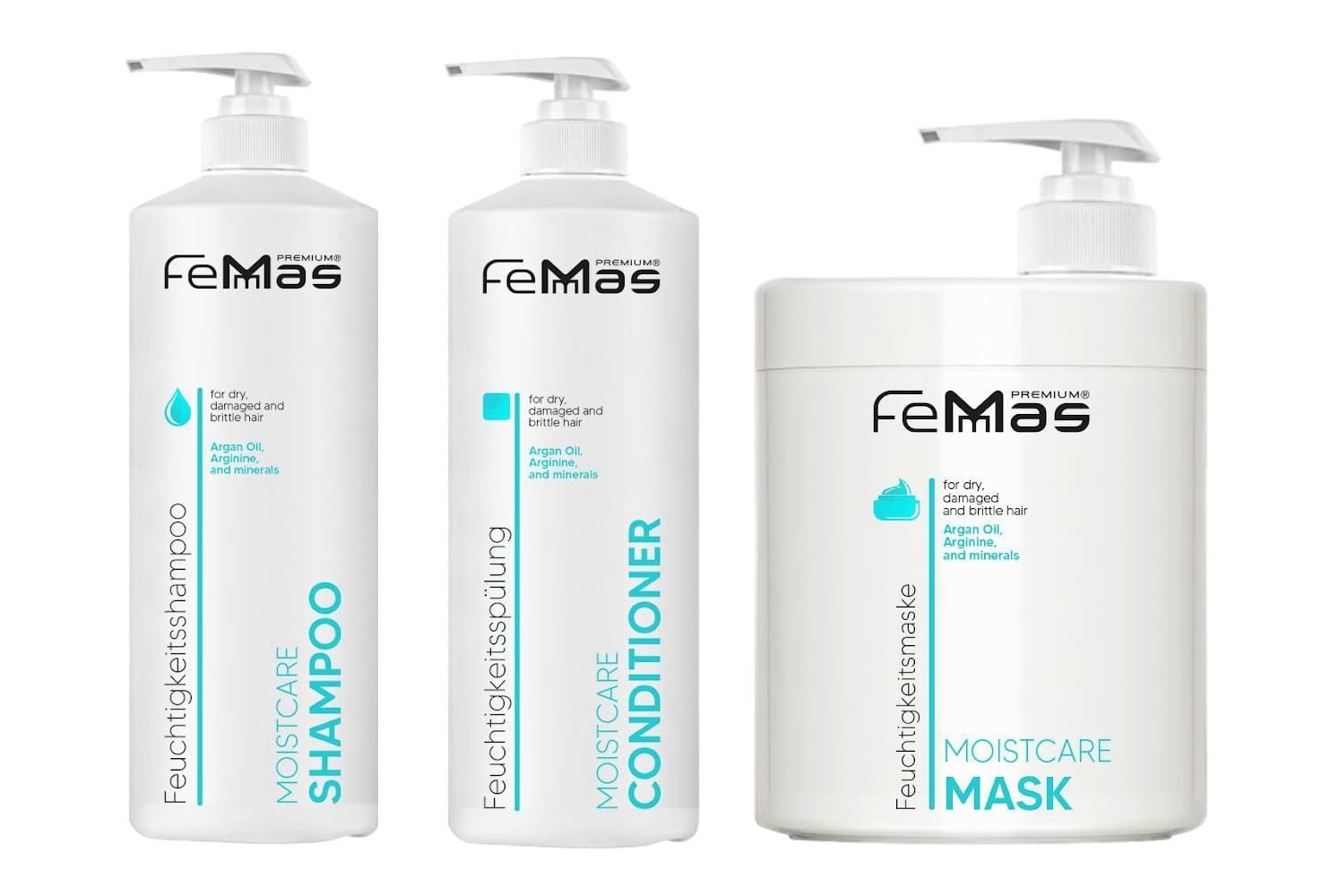 Femmas Moistcare zestaw do pielęgnacji włosów, szampon, odżywka, maska, 1000 ml