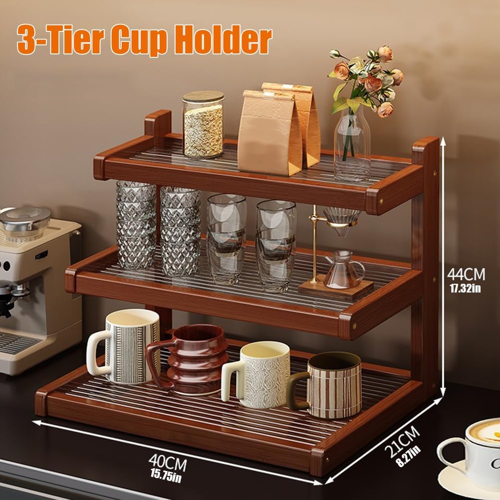 Mug Holder Countertop with Drawer, Wooden Coffee Mug Rack for Coffee Station Organizer Mug Shelf for Cabinet for Kitchen, Home,3tier