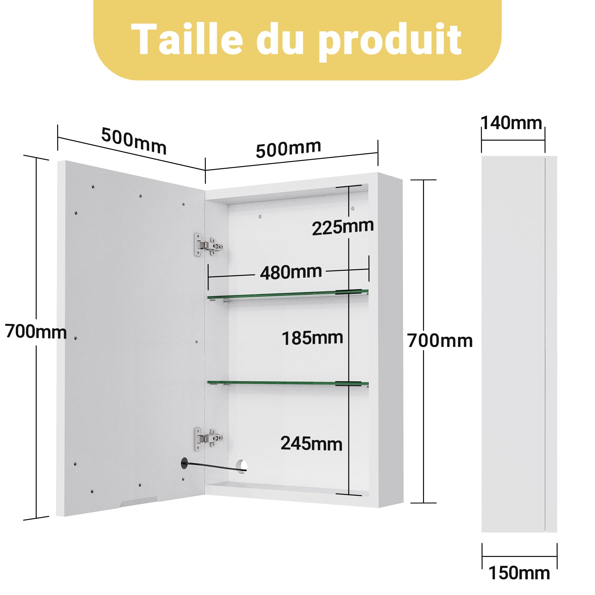 Szafka łazienkowa z lustrem i LED, szafka z lustrem, szafka z lustrem na aptekę z regulowaną półką, regulowana temperatura barwowa (50x70x14 cm)