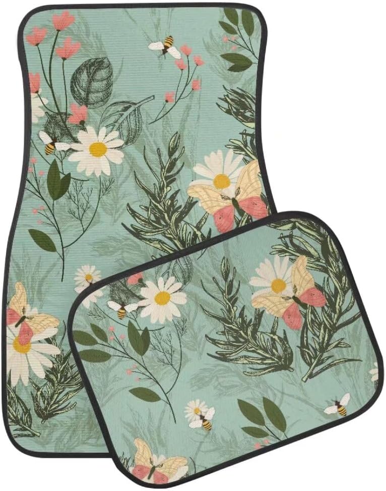 Cyan Daisies Print Floral Car Floor Mats Suitable for Cars SUVs Trucks,All Weather Front & Rear Automotive Floor Mats,Universal Fit Design，4 Pieces