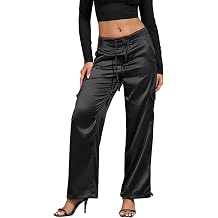 Perfashion Women Satin Pants Silk Wide Leg Trousers Low Rise Cargo Joggers Drawstring Going Out Concert Outfits Elegant