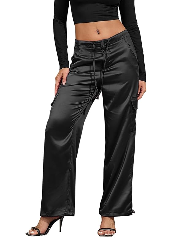 Perfashion Cargo Pants for Women Black Silky Wide Leg Brunch Lounge Concert Outfits Soft Drawstring L by Perfashion - Used condition - US$32.39