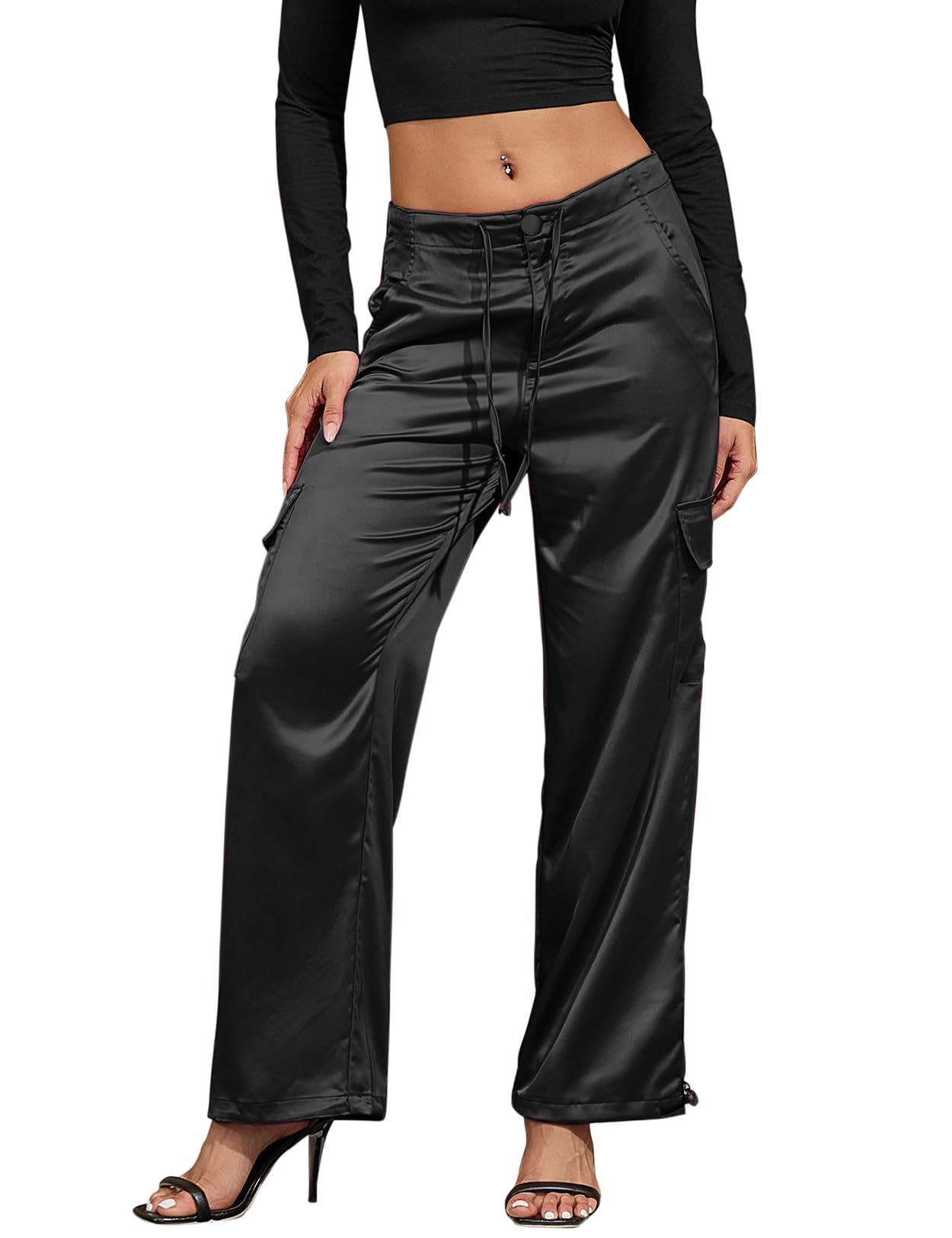 Perfashion Women Satin Pants Silk Wide Leg Trousers Cargo Joggers Drawstring Going Out Concert Outfits