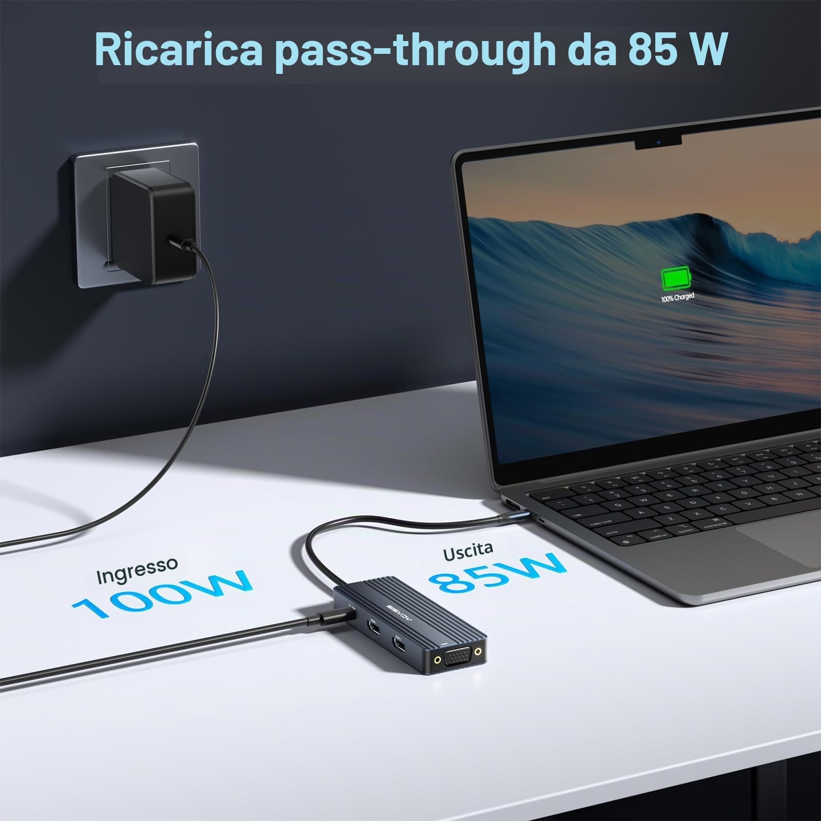 ACASIS Docking Station USB C Dual Monitors, Docking Station per laptop con doppia HDMI 4K@60HZ, 1 VGA 1080P@60HZ, 2 x 5G USBA, audio 3,5 mm, PD100W, hub USB-C 8 in 1 (Grigio scuro)