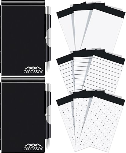 amassan Cuaderno de bolsillo metálico de 10 piezas con juego de bolígrafos, bloc de notas de bolsillo pequeño, estuche de aluminio con bolígrafo y