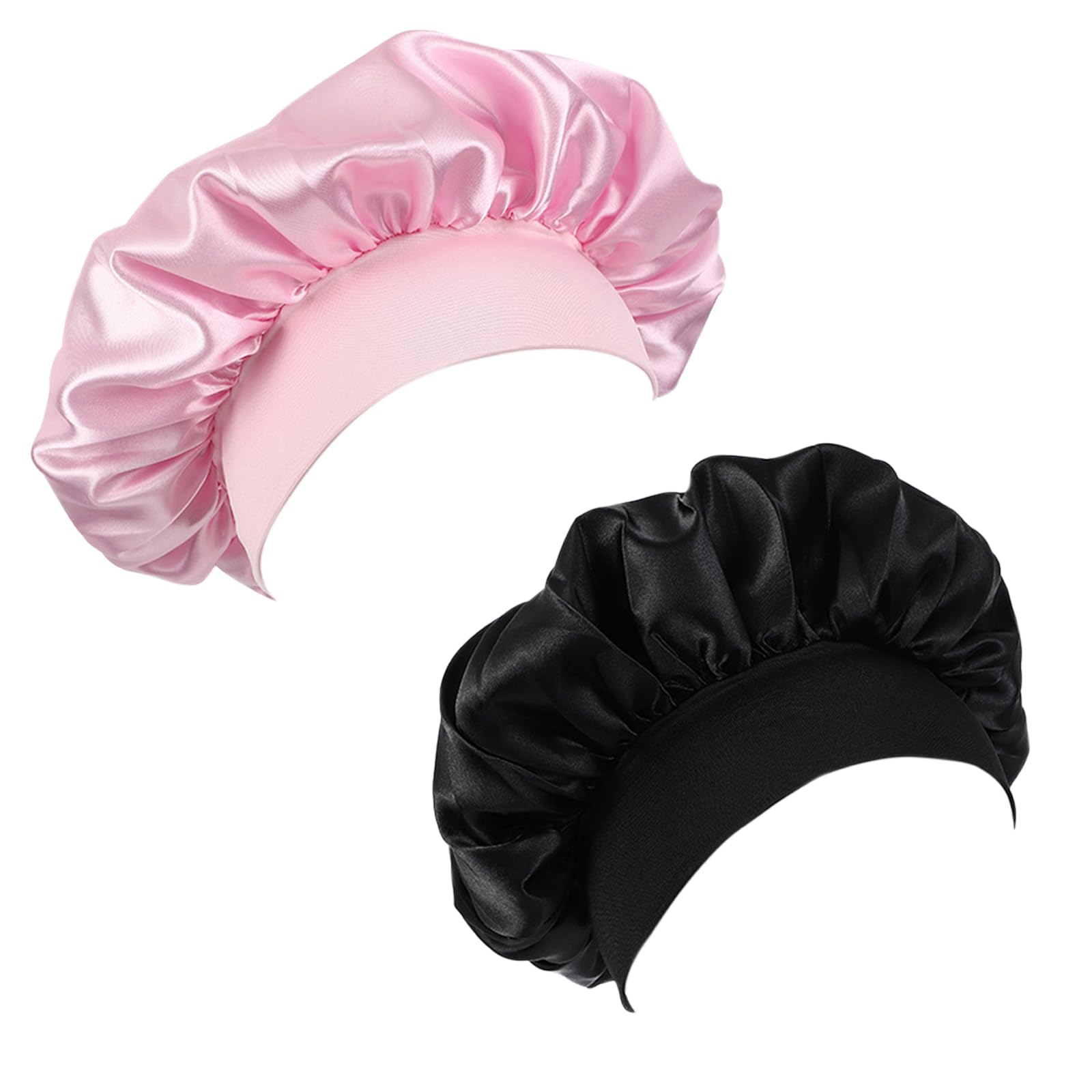 Seidenhaube Zum Schlafen – 2er-Pack Mit Extra Breitem, Weichem Bund & 5 Haarbändern – Perfekt Für Frauen & Mädchen (Pink + Schwarz)